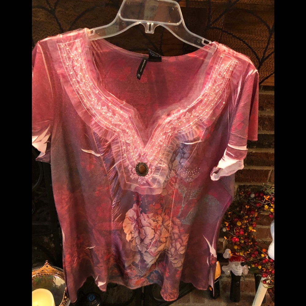 Beautiful top with lace, button, bead and sequins.